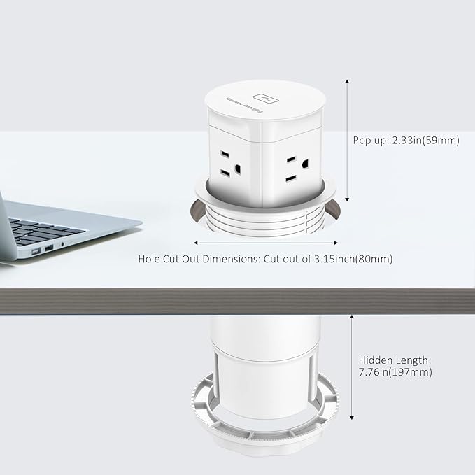 Jgstkcity Pop Up Outlet with 15W Wireless Charger, 4 Outlets 15A, Splash