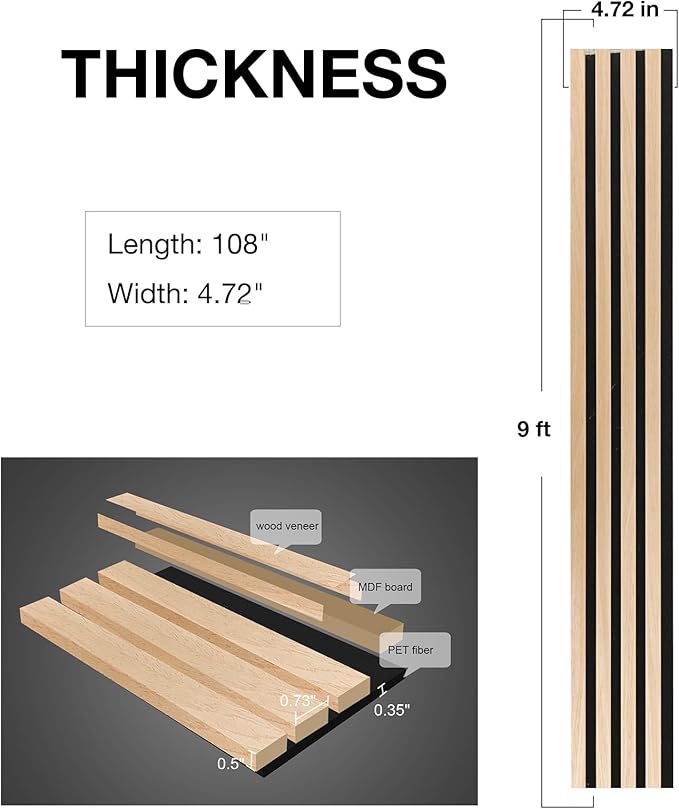 NeatiEase Wood Wall Panels, 9 Feet Acoustic Slat Wall Panels (6-Piece)