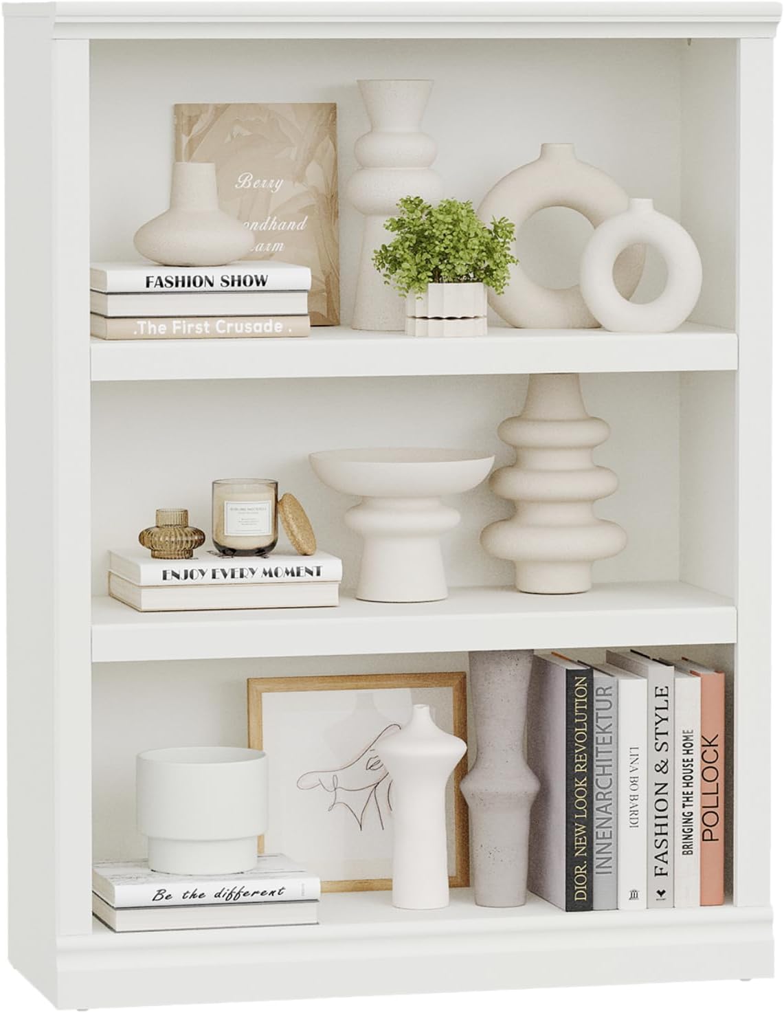 blini 3-Shelf Bookcase White Wooden Bookshelves 33in Wide Floor Standing Disp...