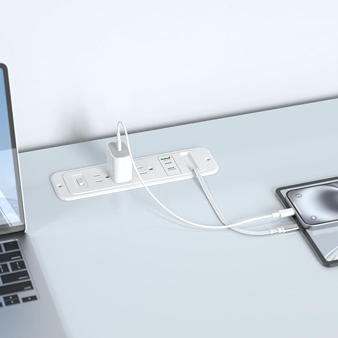 Recessed Power Strip with Retractable USB C Cable, 2 PD 20W USB C, Flush Mount