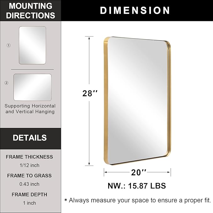 ANDY STAR Gold Bathroom Mirror for Wall, 20x28” Brushed Brass Metal Rounded