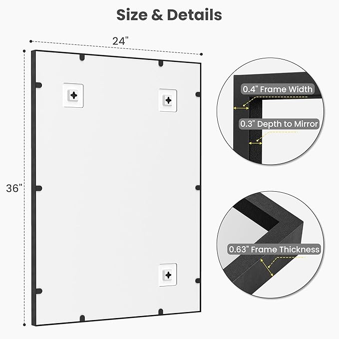 24''x36'' Matte Black Bathroom Mirror | Deep-Set Recessed Met...