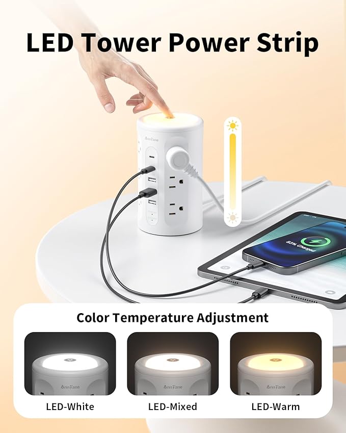 AnnTane Power Strip Tower with Night Light, 15W Surge Protector Power Strip