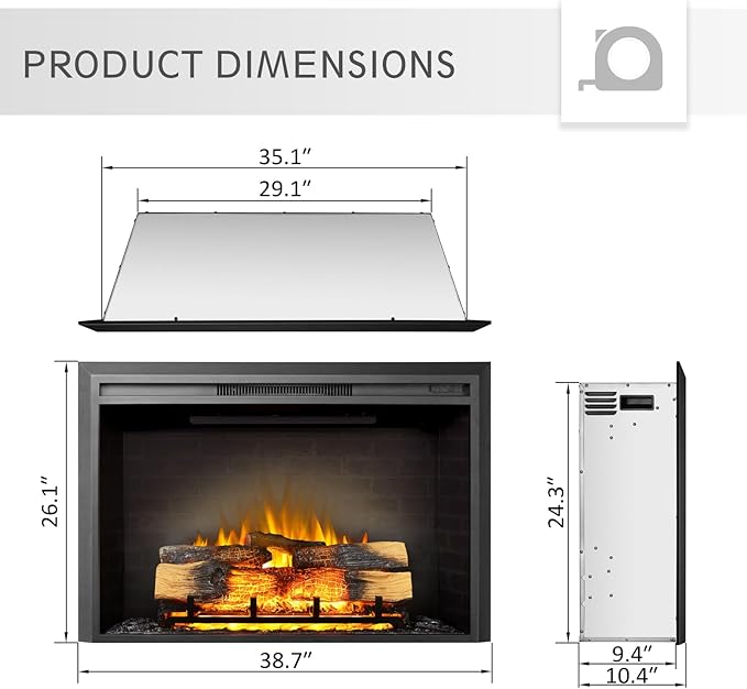 LegendFlame Carl 39" W Electric Fireplace Insert, Fireplace Heater 750/1...