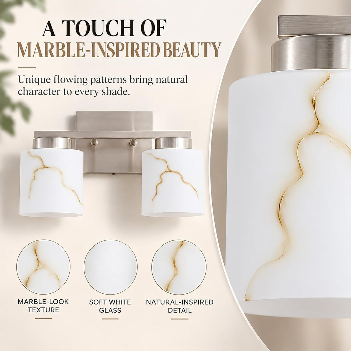 2-Light Brushed Nickel Bathroom Vanity Light, Frosted Marble-Look Glass