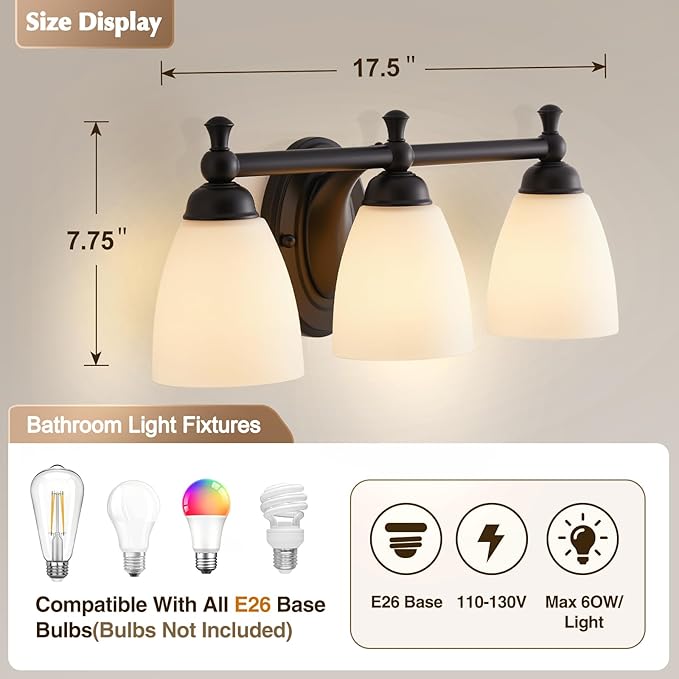 EJIAXIN Vanity Lights for Bathroom, 3-Light Modern Vanity Light Over Mirror