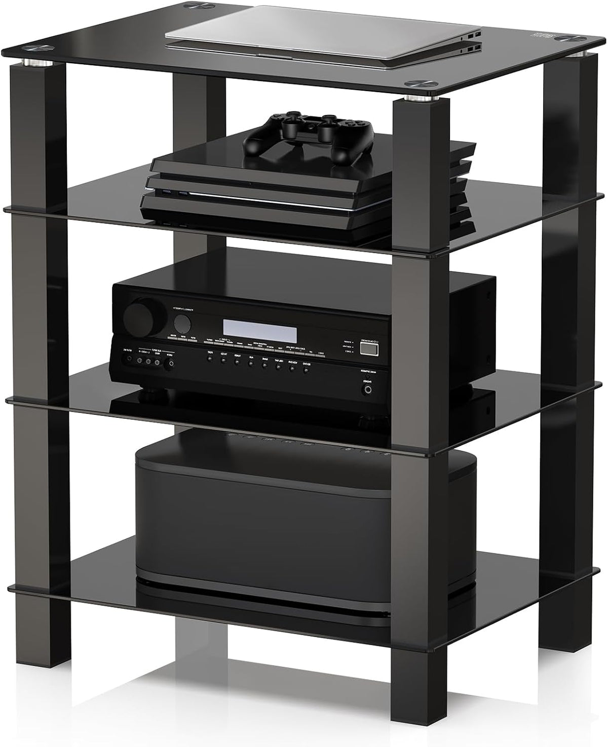 FITUEYES 4-Tier Media Stand Audio with Tempered Glass Shelves, Black