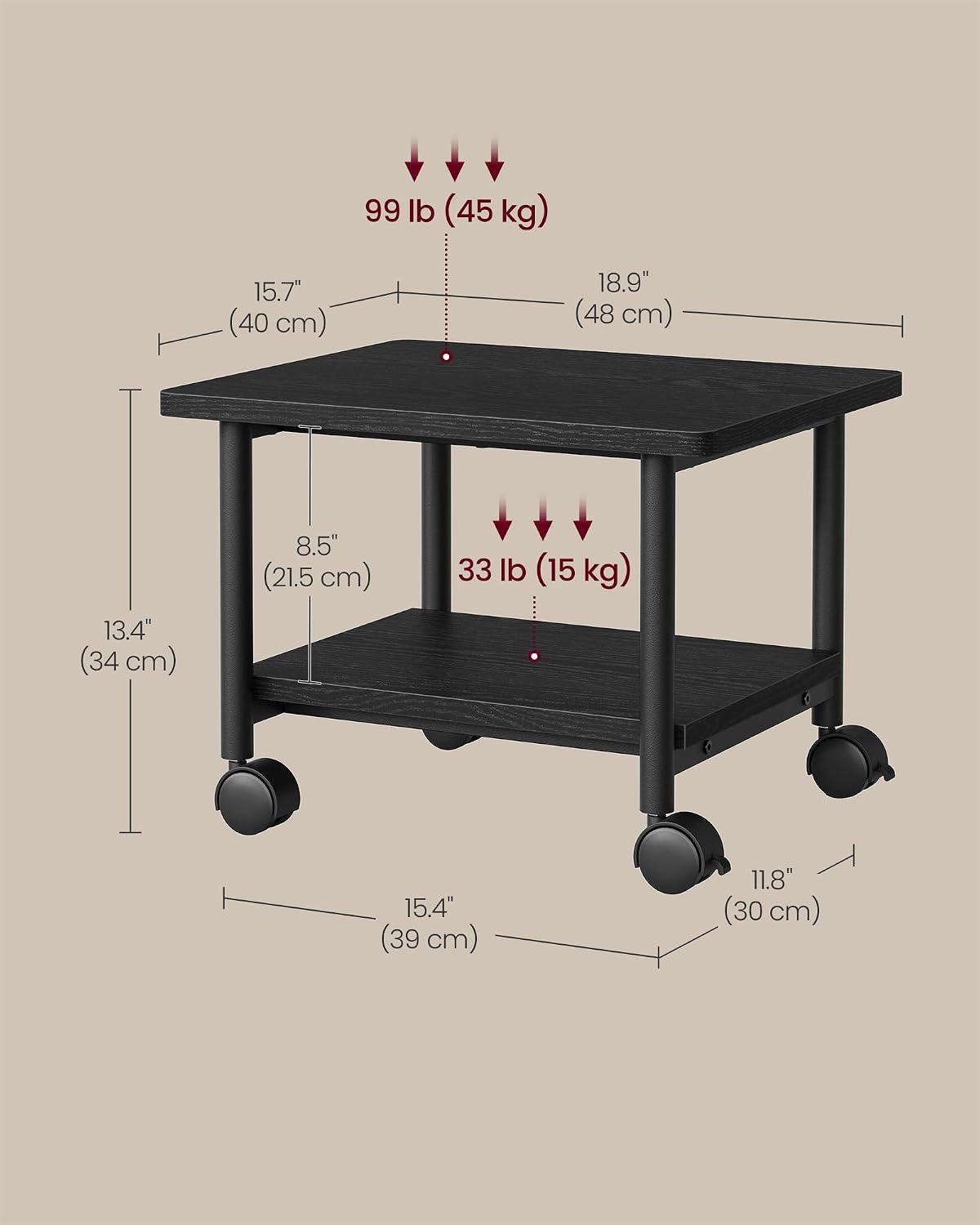 VASAGLE 2-Tier Printer Stand with Locking Wheels, Under Desk Printer Table