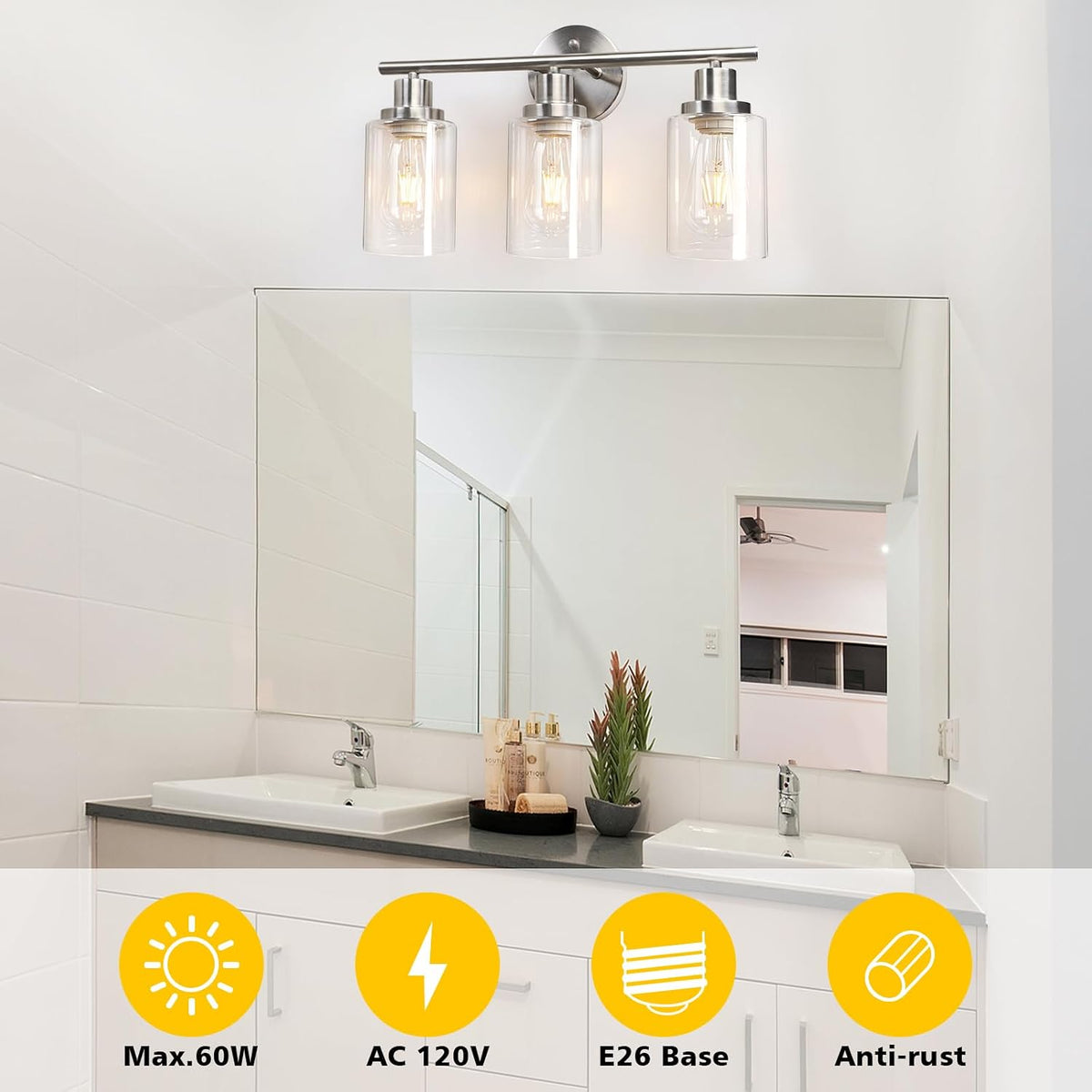 Unicozin 3 Light Vanity Lights, Brushed Nickel Wall Sconce Light with Clear G...