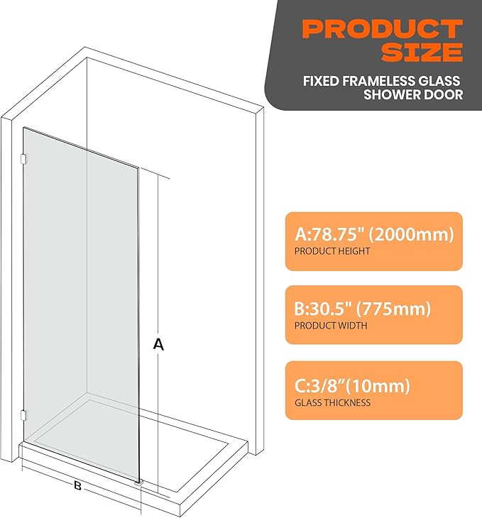 Bathroom Shower Door 30.5" W x 78.75" H, Frameless Fixed 3/8" ...