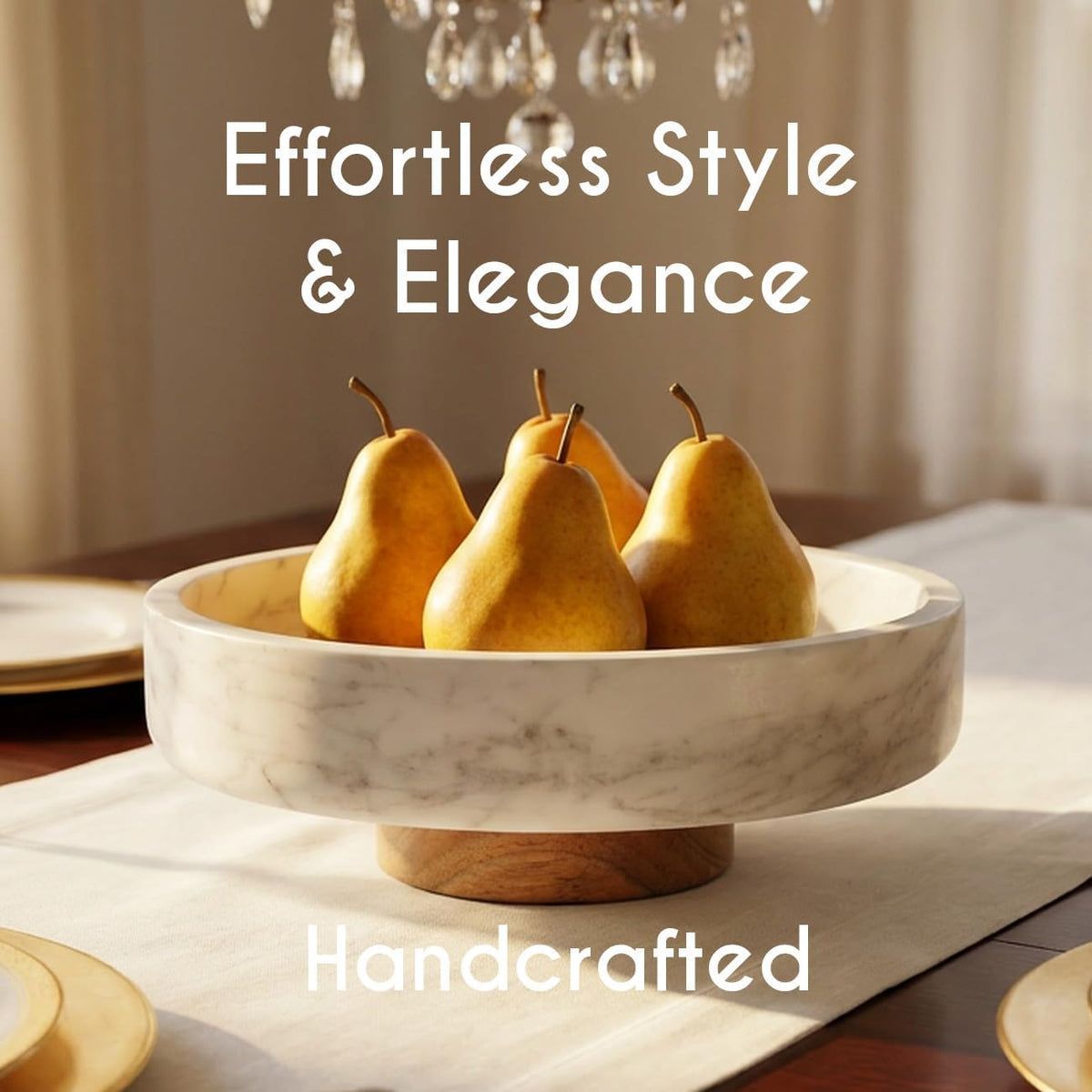 Evovee White Marble Fruit Bowl Decorative Home Decor Table Centerpiece Acacia...