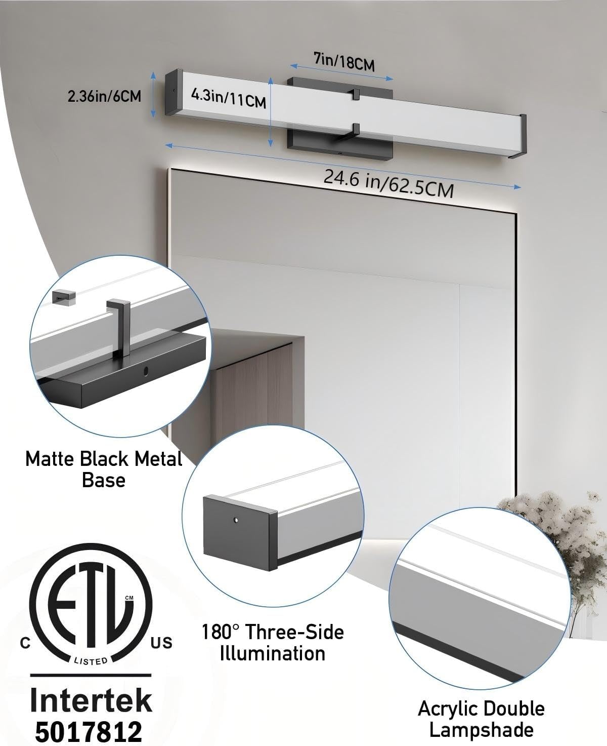 Modern 24IN Black Bathroom Vanity Light, 25W 2500 Lumen Dimmable, 5CCT, ETL C...