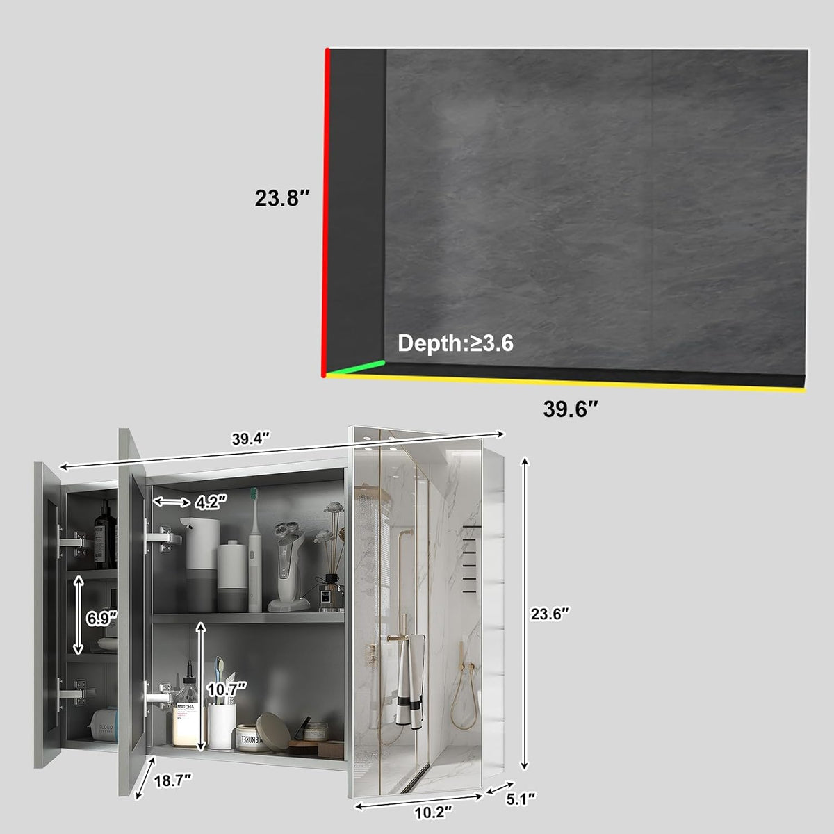 40 x 24 Silver Medicine Cabinet, Aluminum Mirror Medicine Cabinet for Bathroo...