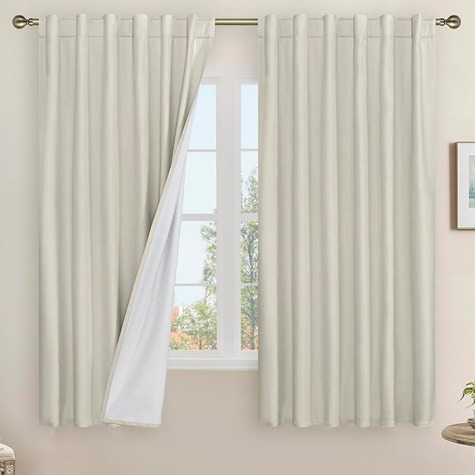 LAMIT 100% Blackout Natural Linen Curtains, 63 Inches Linen Textured Thermal