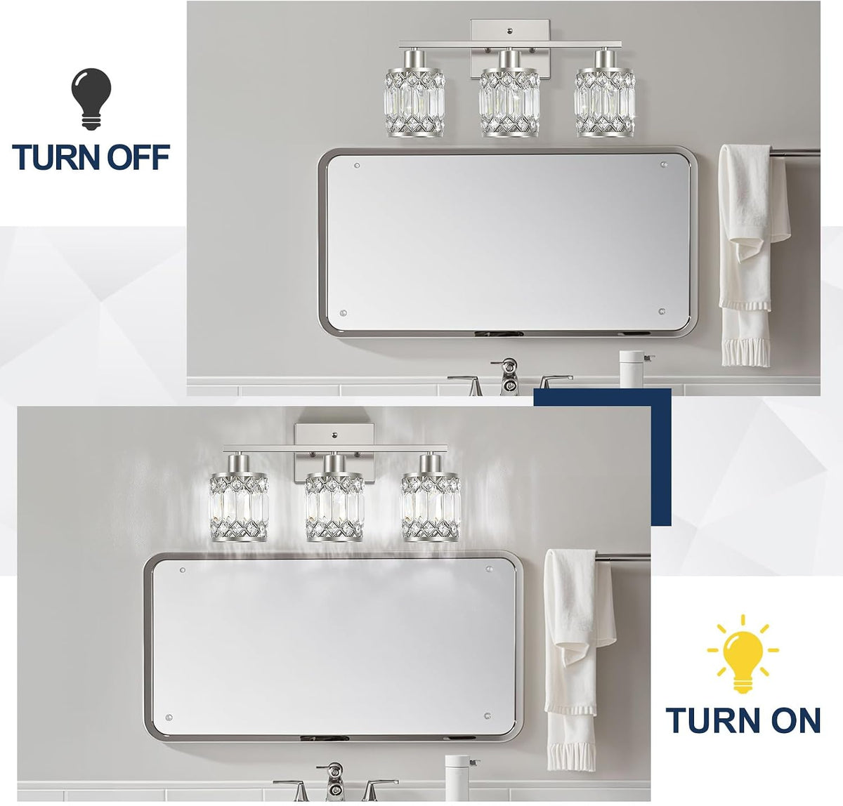 Crystal Modern Bathroom Light Fixtures, 3-Light Brushed Nickel Bathroom Vanit...