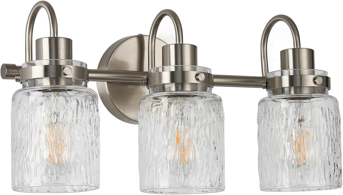 3 Lights Hammered Glass Bathroom Vanity Light,Brushed Nickel