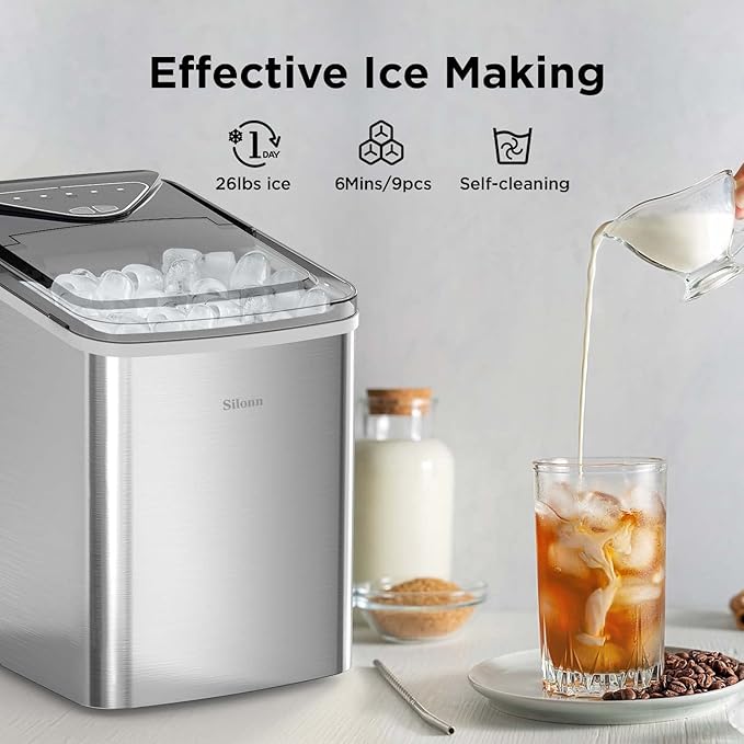 Silonn Ice Makers Countertop, 9 Cubes Ready in 6 Mins, 26lbs in 24Hrs,