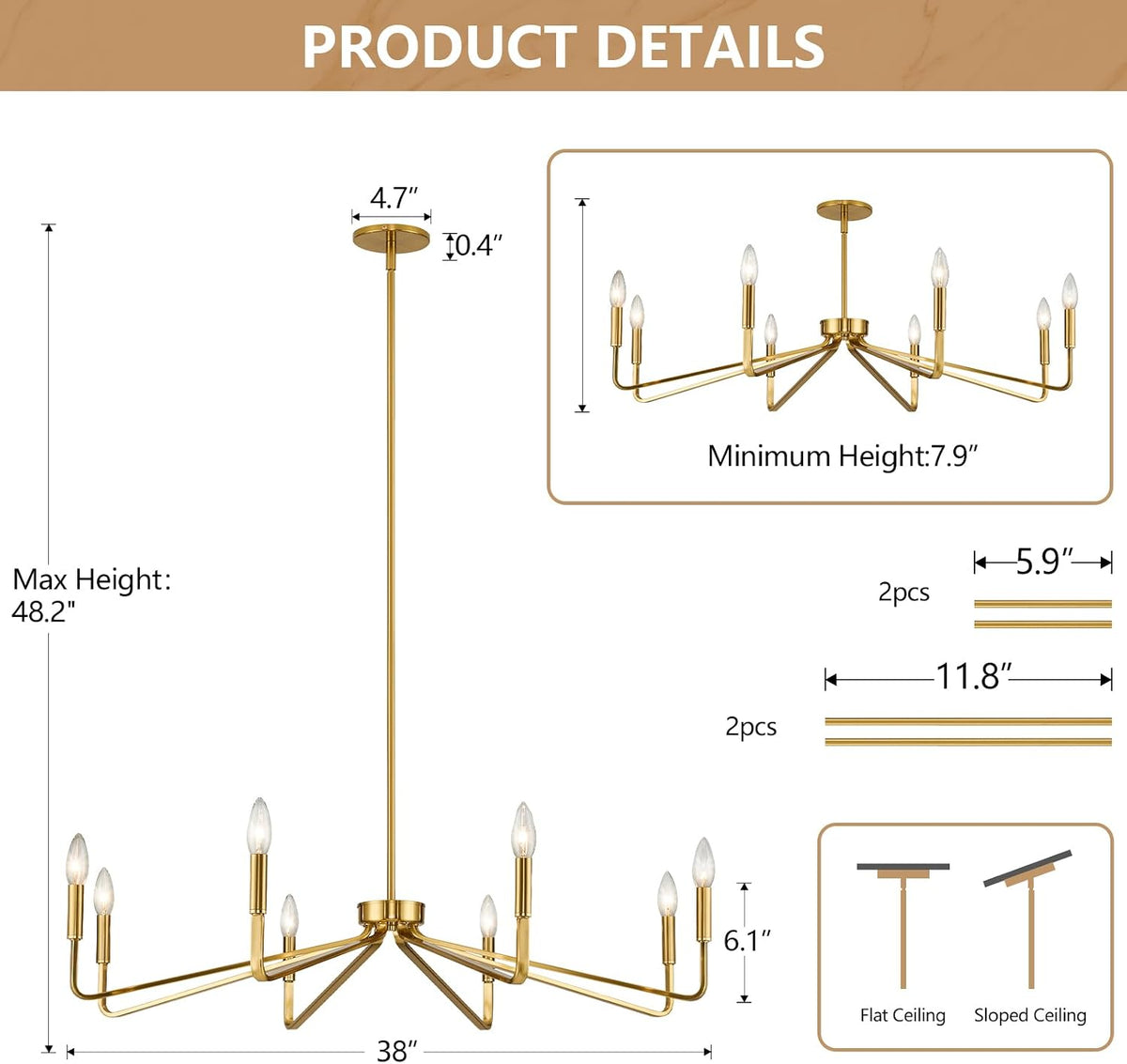 8-Light 38" Brass Modern Candle Chandelier for Dining Living Room