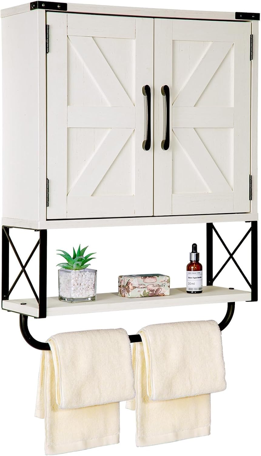 RUSTOWN Farmhouse Medicine Cabinet with 2 Barn Door & Towel Bar Rack