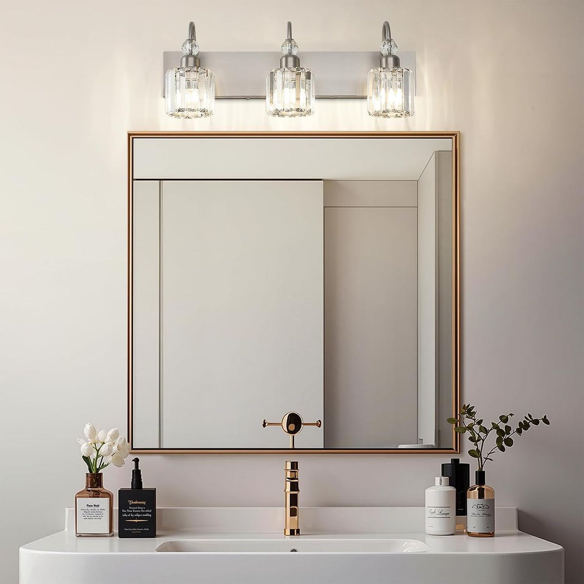 Ralbay Brushed Nickel Vanity Light for Bathroom Crystal 3-Light Modern Bathro...