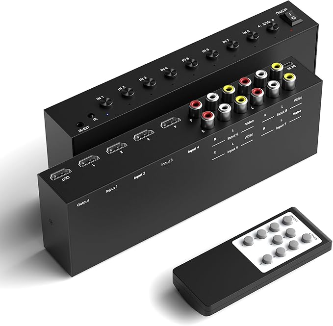 8 in to 1 Out RCA/HDMI Switcher,4 Way HDMI 2.0 + 4 RCA to HDMI