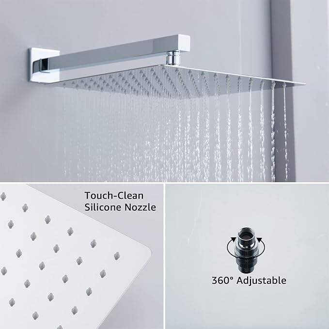 Iriber 12 Inch Bathroom Shower System Polish Chrome Wall Mounted Square Mixer