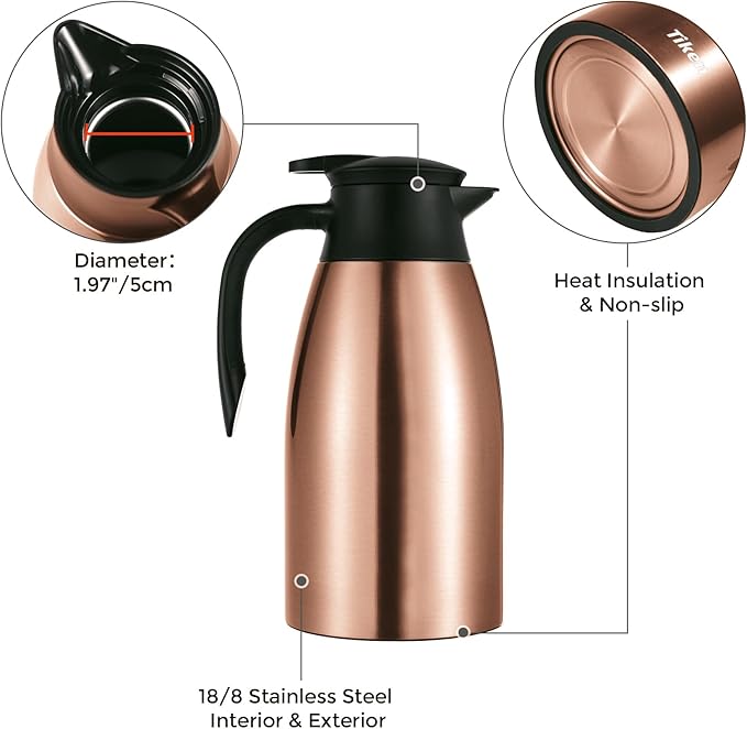 Tiken 68 Oz Thermal Coffee Carafe, Stainless Steel Insulated Vacuum Coffee