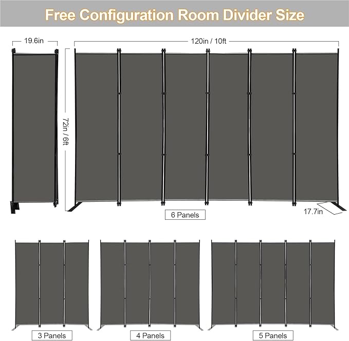 MAYOLIAH 6 Panel Folding Privacy Screen 9ft Wide, 6ft Tall Partition Room