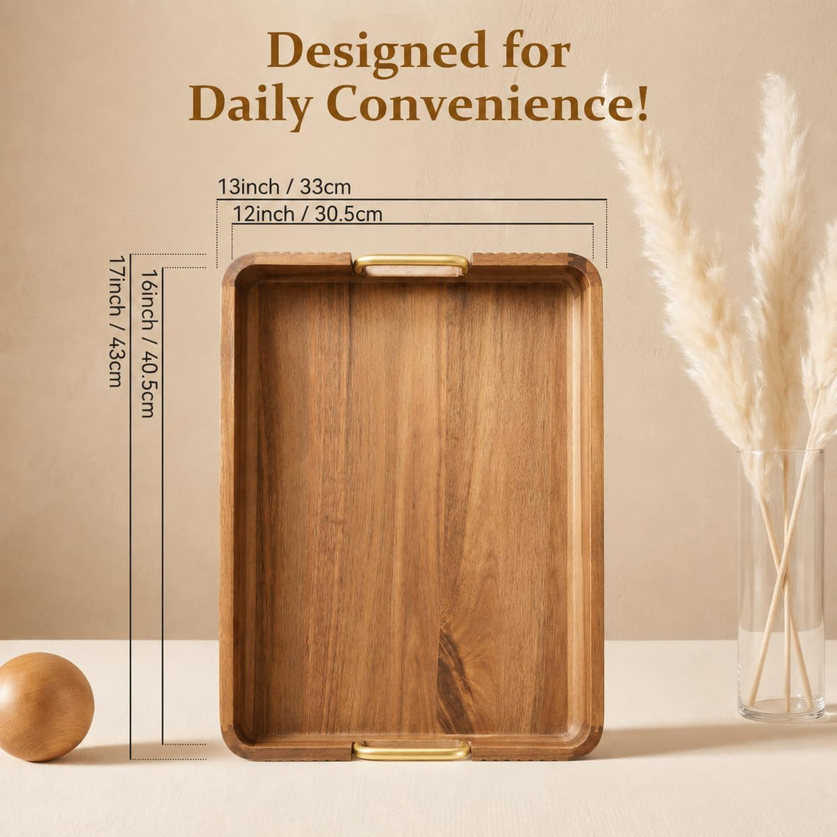 Acacia Wood Serving Tray with Gold Handles (Natural, 17" x 13" x 2&...