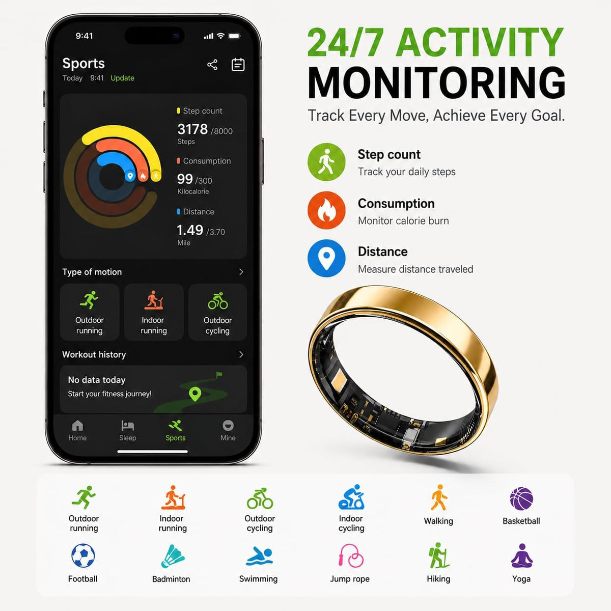 Slim Ultra Thin Smart Ring, Health & Sleep Tracker, Gold 12