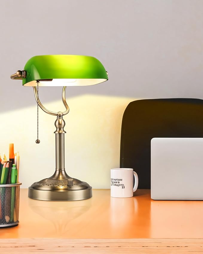 Newrays Green Glass Bankers Desk Lamp, Stepless Dimmable Table Lamp Plug in