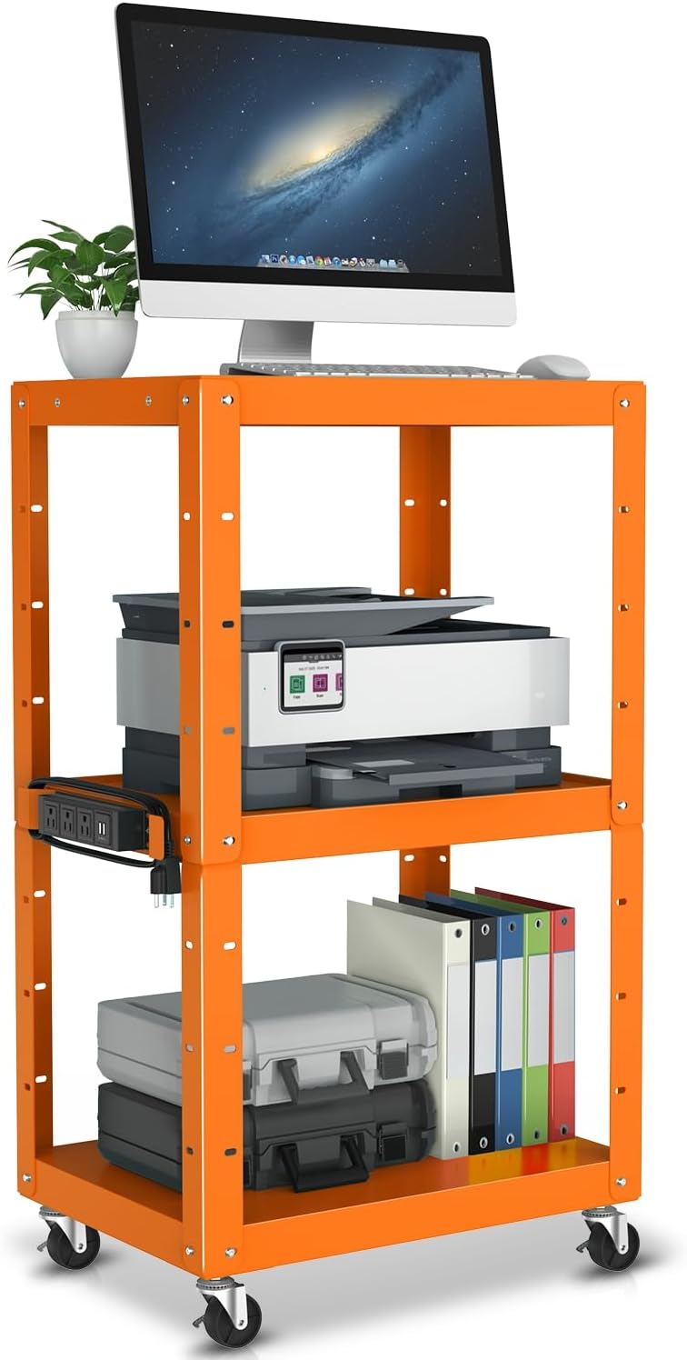 Auto Dynasty Adjustable AV Cart w/Power Strip, 4 ft Rolling Stand, Orange