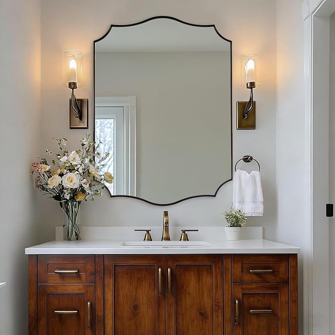ANDY STAR Brushed Bronze Mirror, 28x36 Inch Bathroom Mirror, Scalloped Mirrors