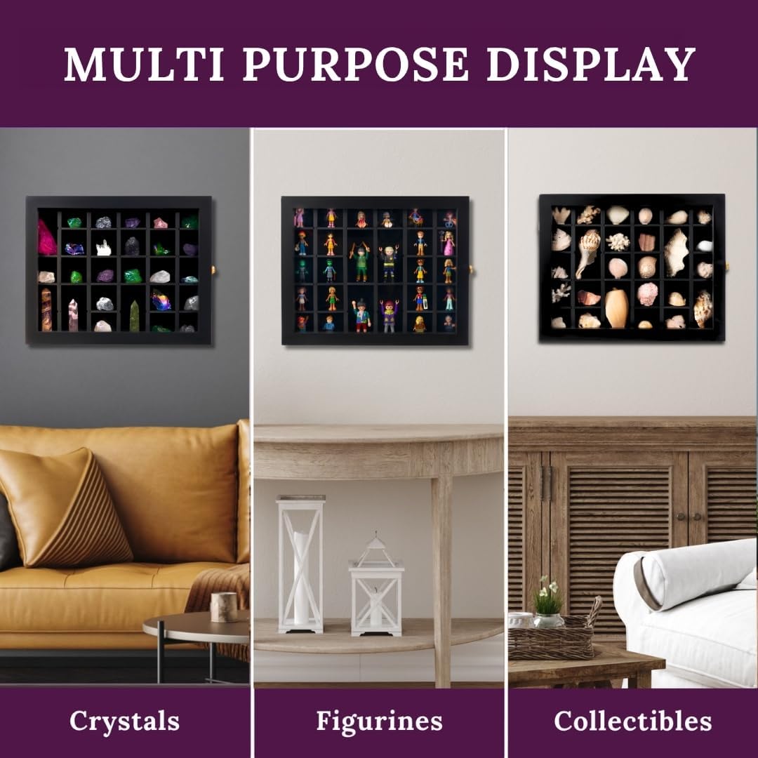 Premium Rock Display Case – Wooden Shadow Box with Shelves for Crystals, Seas...