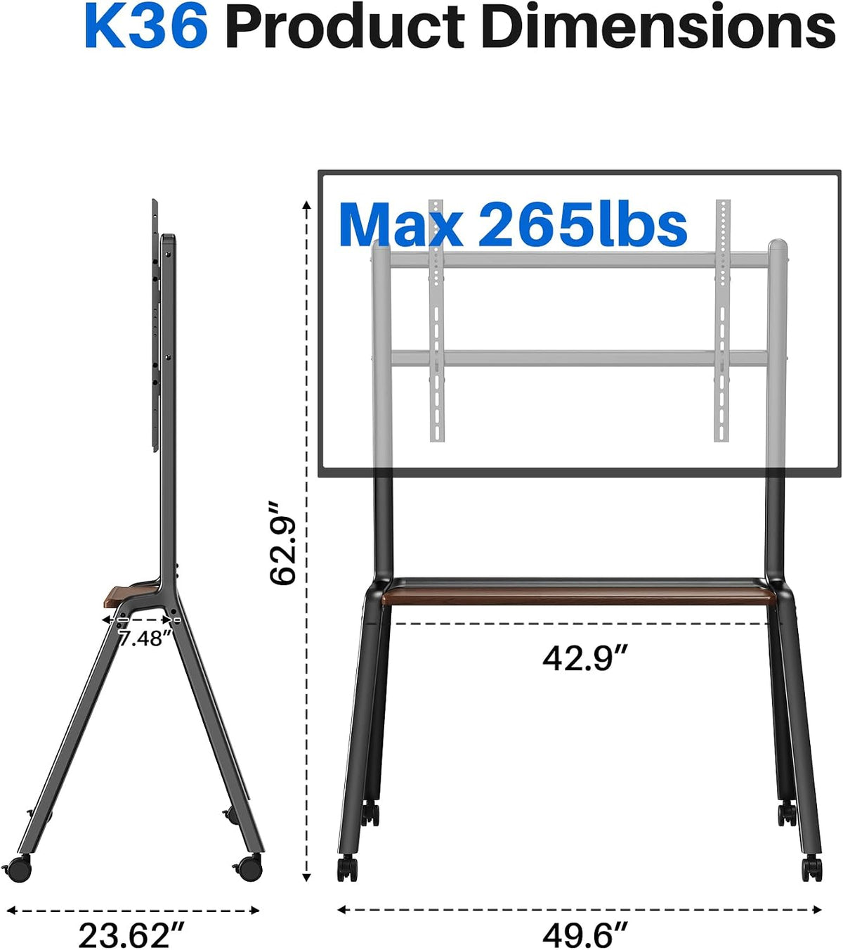 Rolling TV Stand for 55-100 Inch TVs,Mobile TV Cart Holds up to 265 lbs