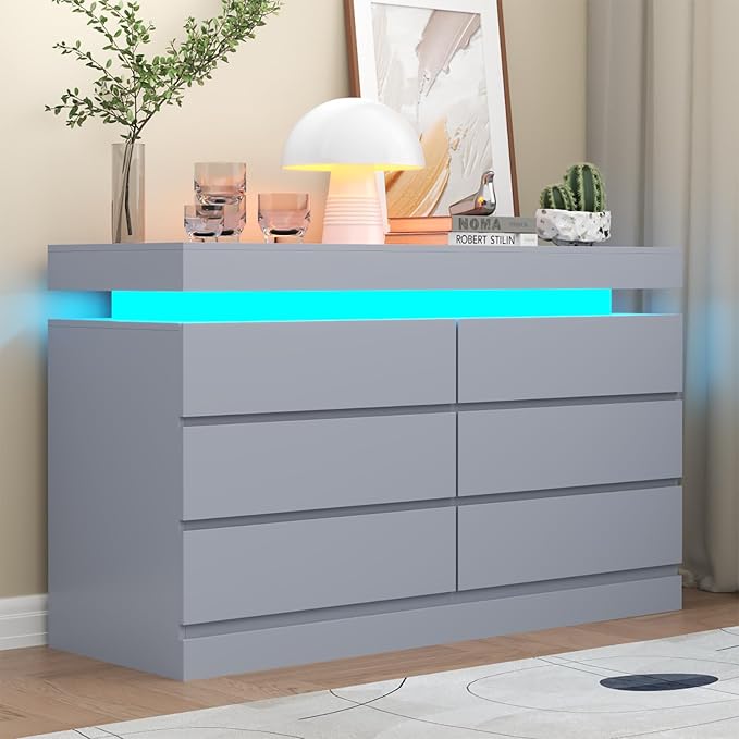 6 Drawer Dresser with Power Outlet, Dresser with LED Light, Modern Chest of