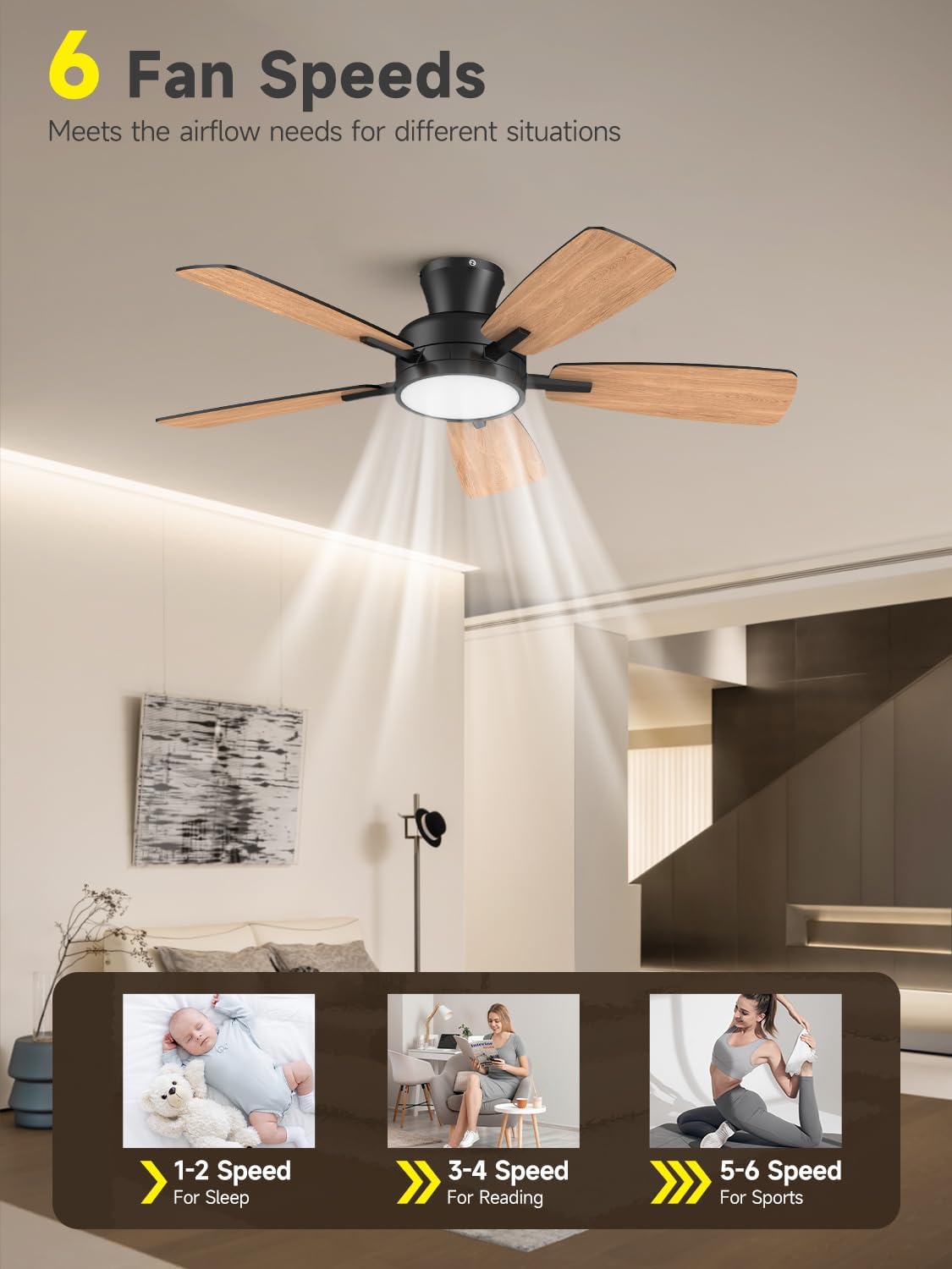 TALOYA 46 inch Ceiling Fans with Lights and Remote, Night Light, Black
