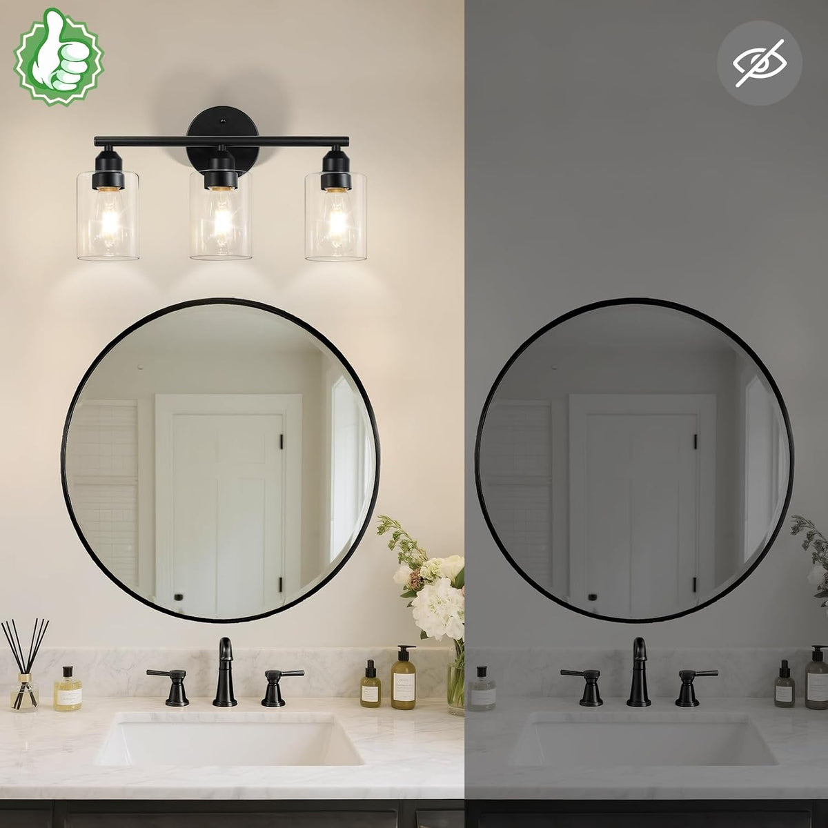 3-Light Black Modern Bathroom Vanity Light Fixtures, 17.3"