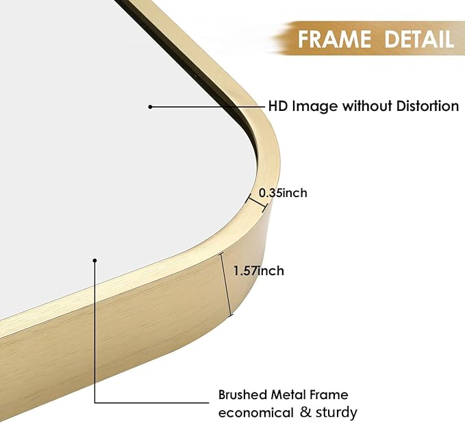 30x36 Inch Gold Bathroom Mirror, Brushed Gold Metal Framed Rectangular Mirror
