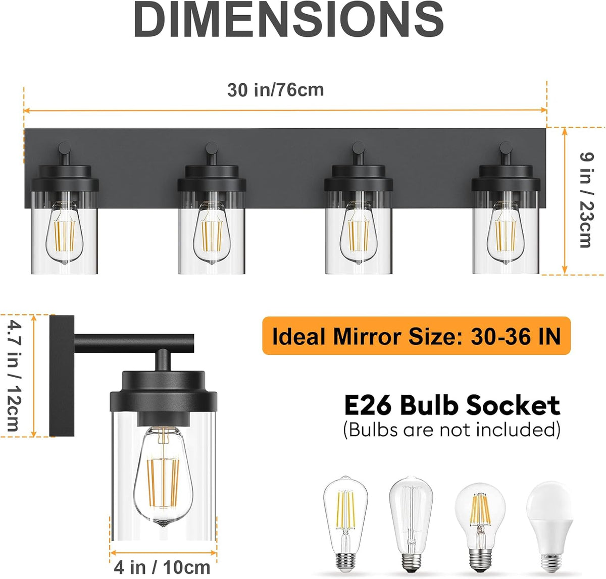 IZORRO Bathroom Vanity Light Fixture, 4-Light 30 Inch Matte Black Bathroom Li...