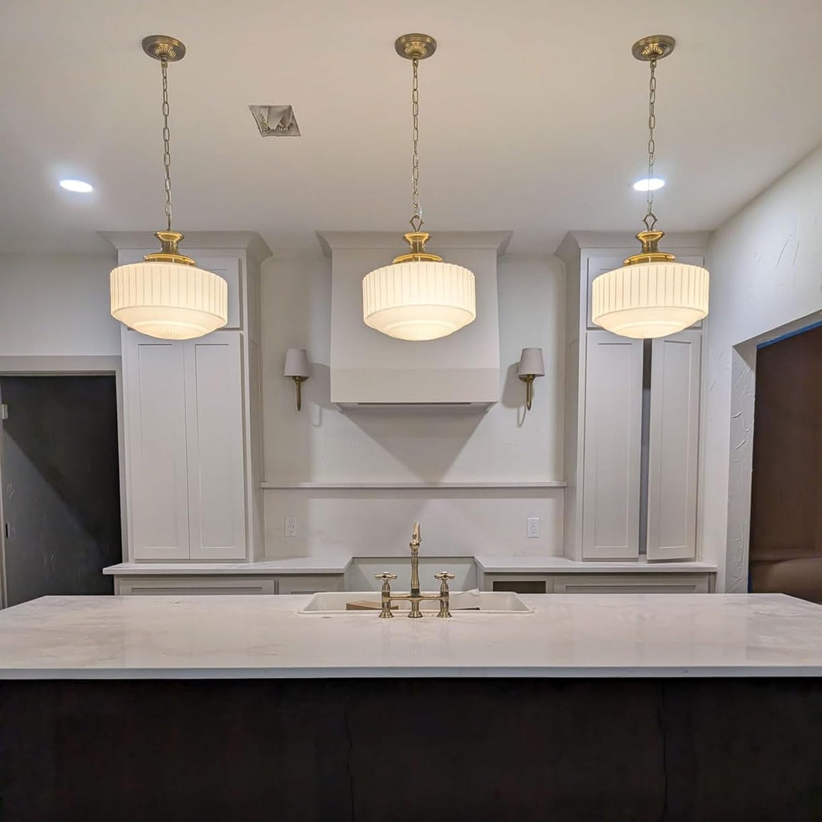 Vintage Brass Milk Glass Pendant Light Fixture, 13.8" White Pleated Glas...