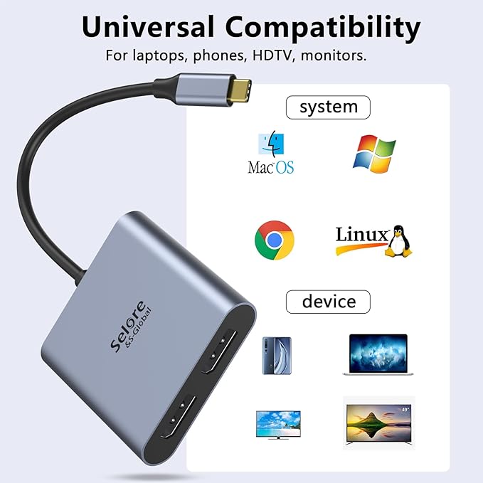 USB-C to Dual 4K DisplayPort Splitter Adapter, USB Type C to Displayport Dual