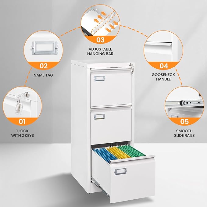 3 Drawer File Cabinet with Lock, Metal Filing Cabinets