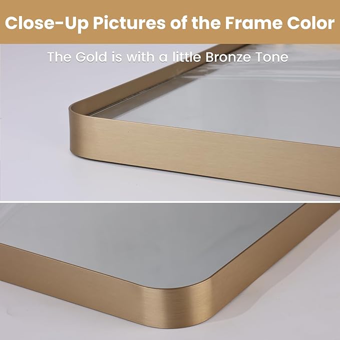 LOAAO 24”X36” Gold Bathroom Mirror, Rounded Rectangle Gold Frame Mirror