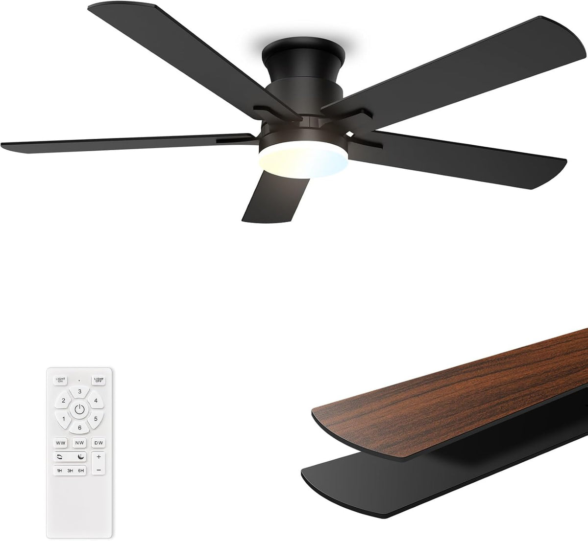Ceiling Fans with Lights 52 Inch, Flush Mount, Remote Control, 3CCT Dimmable,...