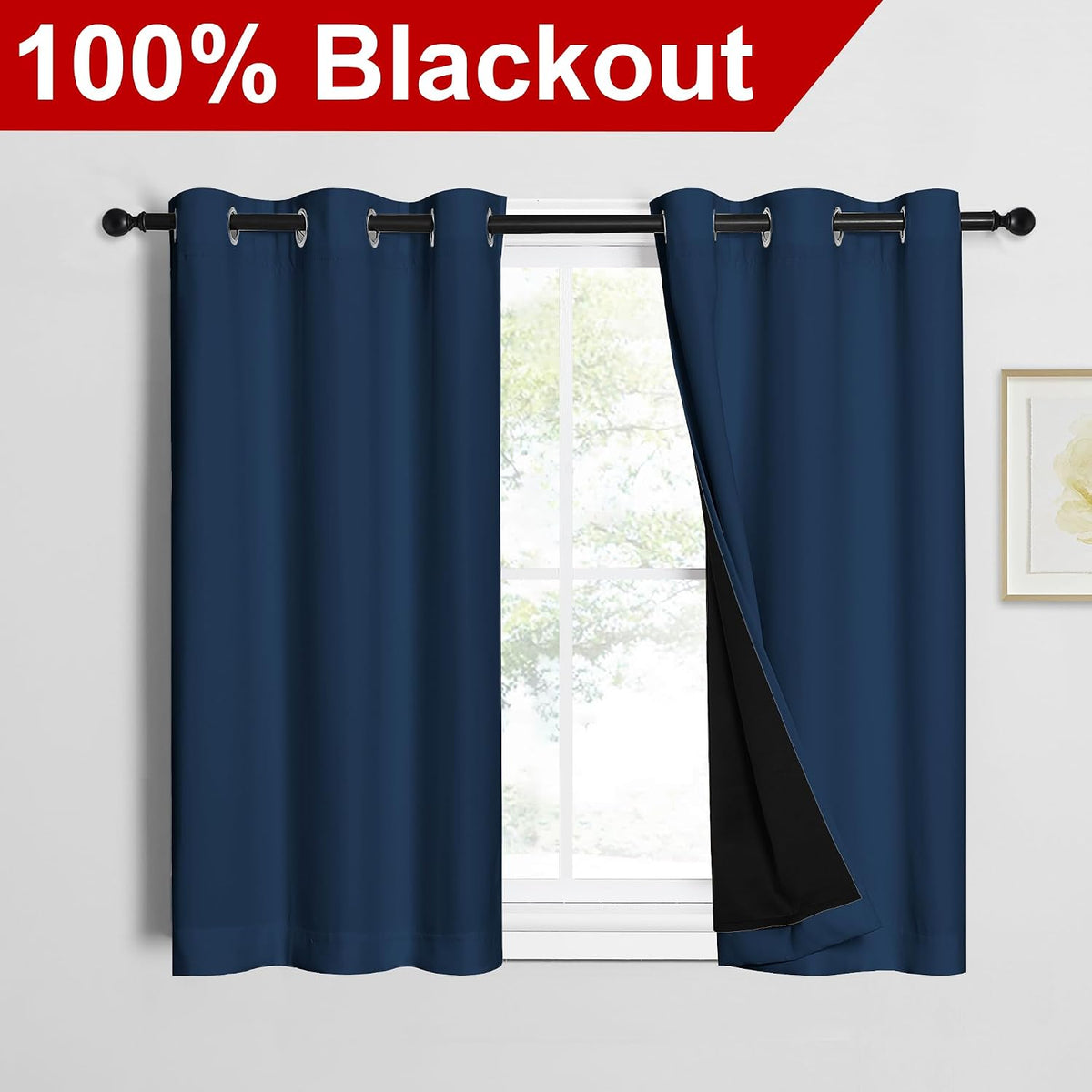 NICETOWN 100% Blackout Short Curtains with Black Liners, 2 Panels, 37" W...
