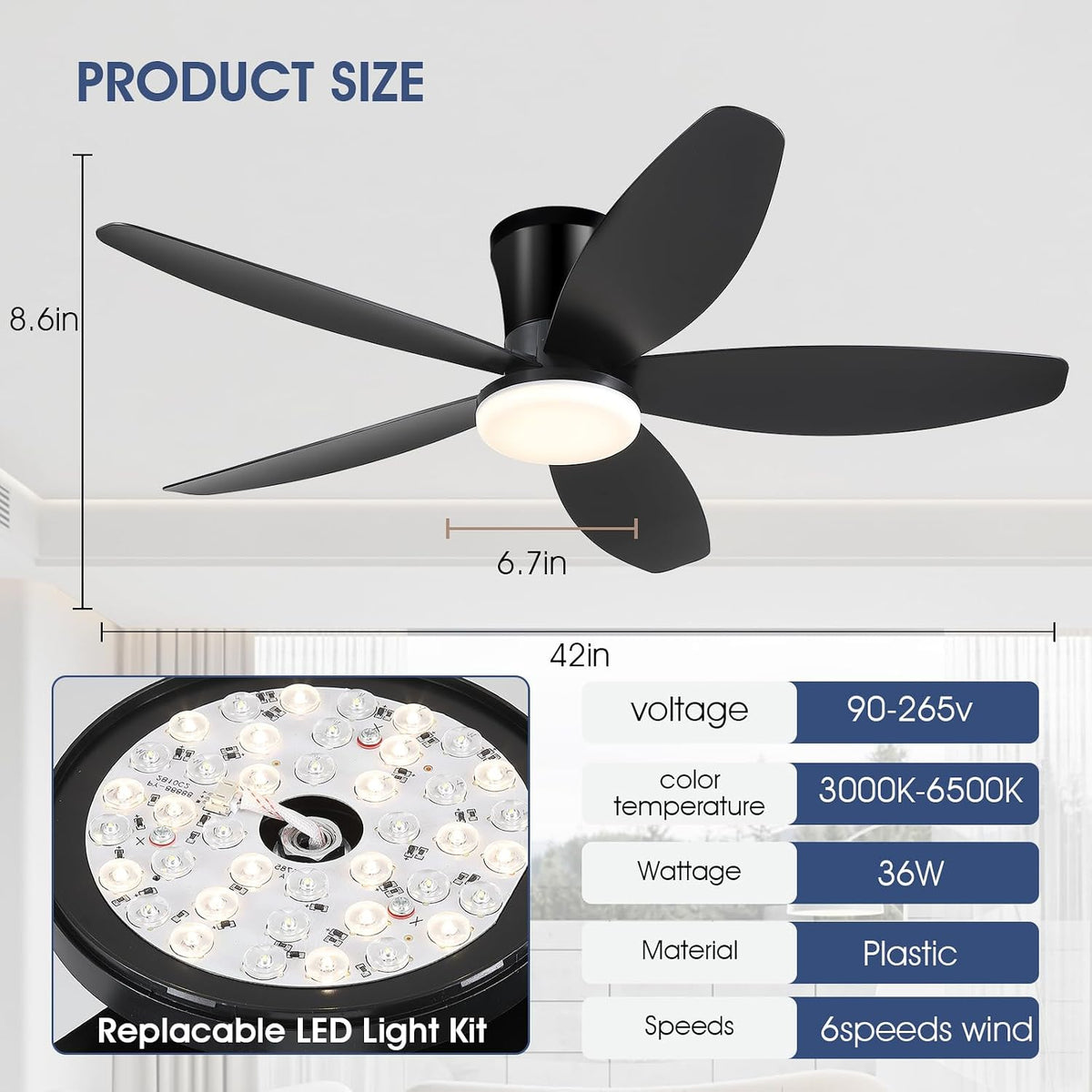 Surtime 42" Ceiling Fans with Lights-Low Profile Ceiling Fan with Light ...