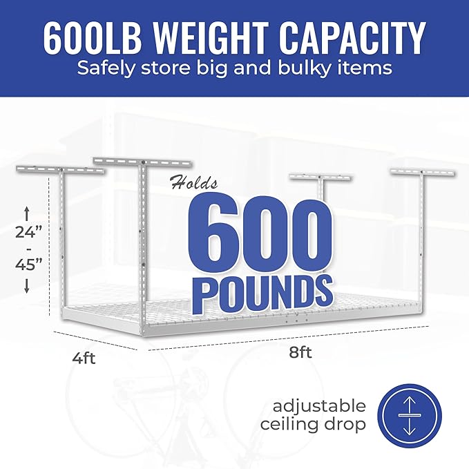 SafeRacks 4 ft x 8 ft Overhead Storage Rack Adjustable 24 in - 45in Height (5...