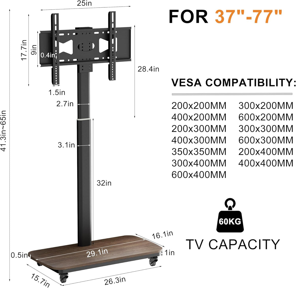 unho Motorized Floor TV Stand Electric Lift AV Cart Rolling with Mount