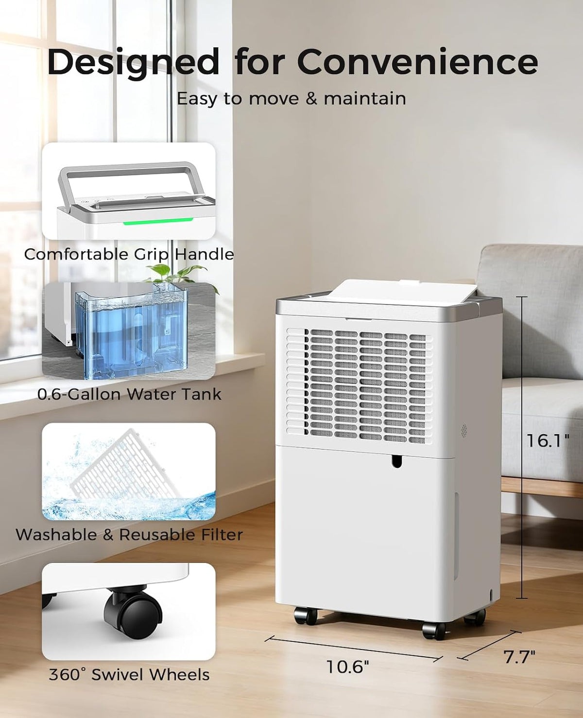 34 Pints Dehumidifier for Basement, with Drain Hose, 38dB Quiet, 2500 Sq.Ft